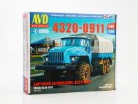 Сборная модель 1:43 Длиннобазный (4555 мм) бортовой грузовик 6х6 с тентом из Миасса -4320-0911, двигатель ЯМЗ (AVD Models)