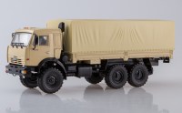 Масштабная модель 1:43 Бортовой автомобиль 6х6 КамАЗ-43118 с тентом, песочный, Автоистория (АИСТ), дилерская модель ПАО КАМАЗ