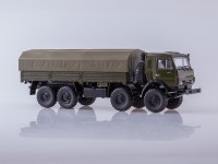 Масштабная модель 1:43 Российский полноприводный бортовой автомобиль 8х8 Мустанг КамАЗ-6350 с тентом, хаки Автоистория (АИСТ), дилерская упаковка для  ПАО КАМАЗ