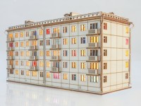 Модель, элемент диорамы 1:122 Пятиэтажный панельный дом, 2 подъезда, Хрущевка (Бауми)