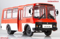 Коллекционная масштабная модель 1:43 Автобус ПАЗ-3205 красно-белый с журналом №2 (Наши Автобусы. Modimio)